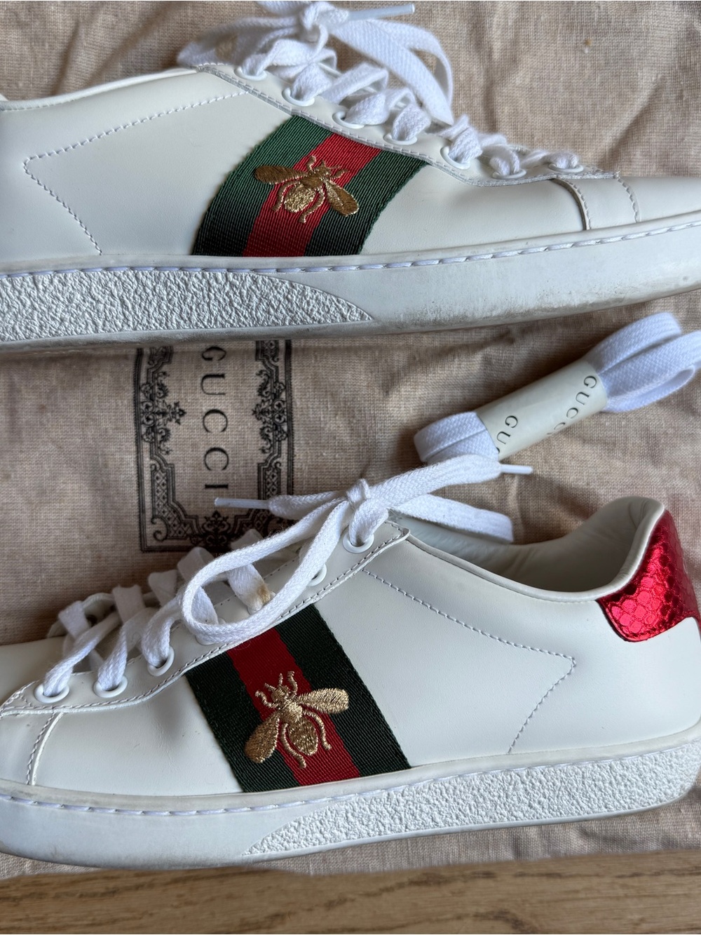 Gucci White Leather Sneakers with Red & Green Stripe and Gold Bee